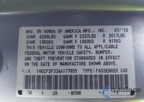 2010 Honda Accord 2.4 Lx z USA, uszkodzony, nr VIN 1HGCP2F33AA177855